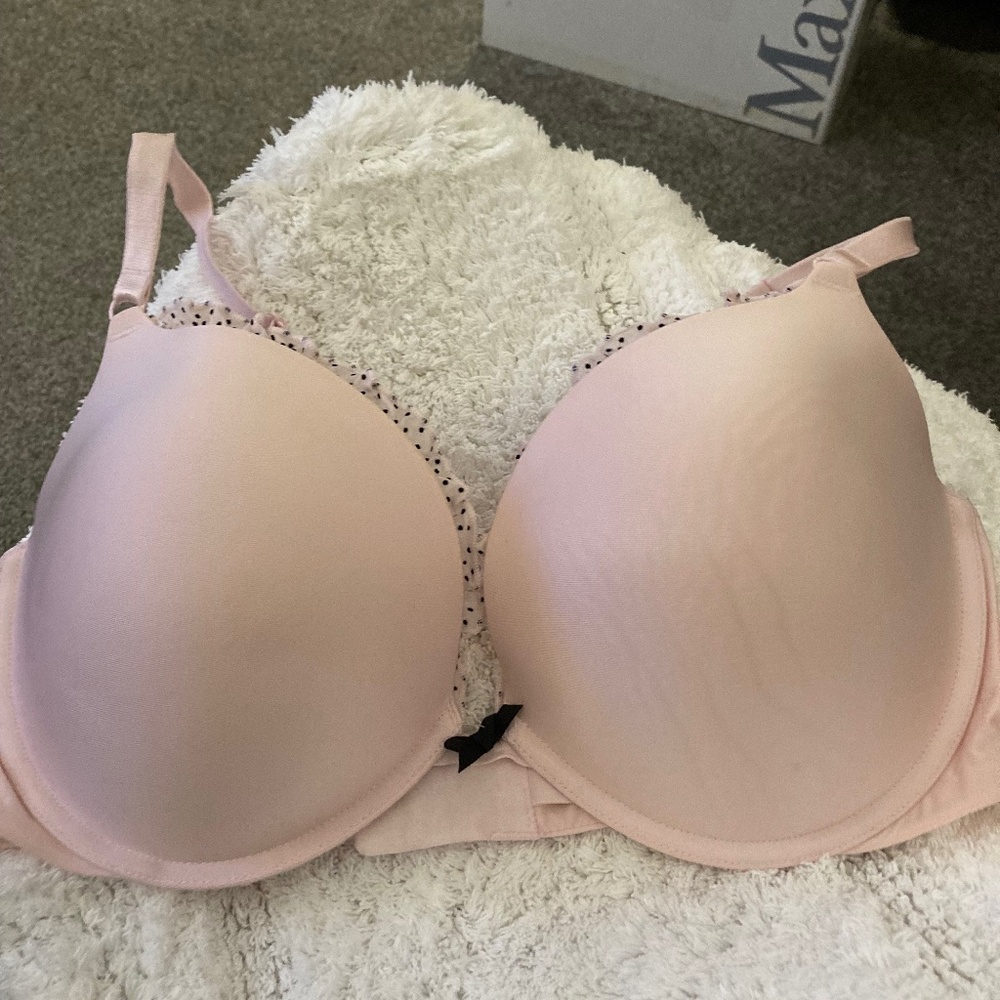 Victoria’s Secret pale pink with ruffled polkadots, black 38D bra